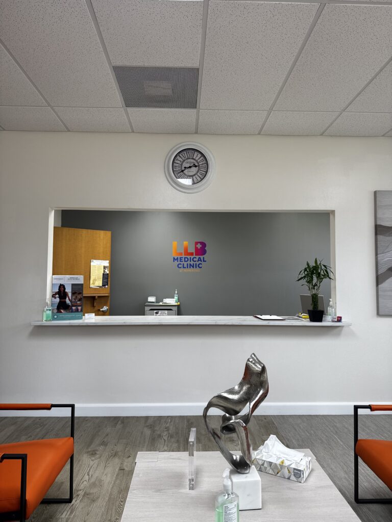 Front desk and check-in area at LLB Medical Clinic at Peppertree in Ocala, Florida